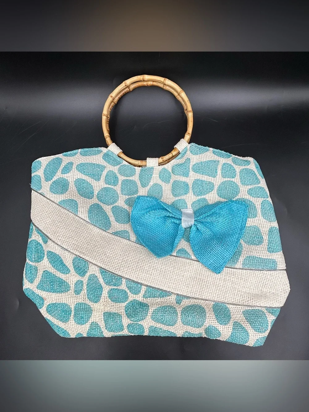 Vintage Bamboo Handle Handbag Blue White Straw Raffia Bow Beach Purse Bag